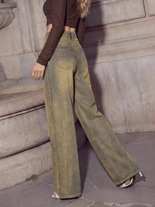 Anewsta Women's Fall/Winter Casual Grey Wide Leg Denim Jeans With Pockets & Buttons, Streetwear Versatile Pants For Night Out Going Out Everyday Outfits - Blue - View 3