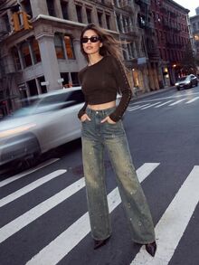 Anewsta Women's Fall/Winter Casual Grey Wide Leg Denim Jeans With Pockets & Buttons, Streetwear Versatile Pants For Night Out Going Out Everyday Outfits - Blue - View 1