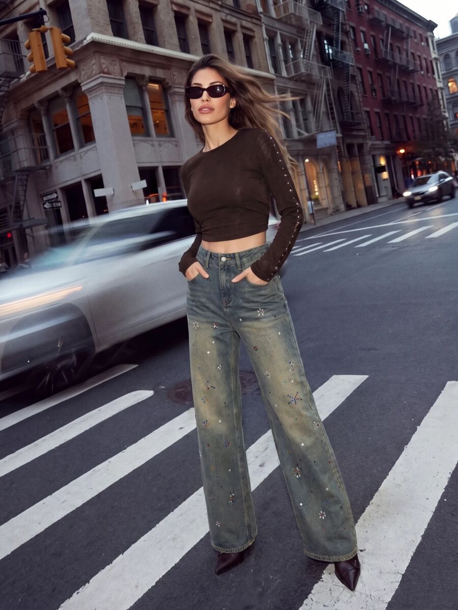 Anewsta Women's Fall/Winter Casual Grey Wide Leg Denim Jeans With Pockets & Buttons, Streetwear Versatile Pants For Night Out Going Out Everyday Outfits - Blue - View 1