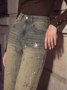 Anewsta Women's Fall/Winter Casual Grey Wide Leg Denim Jeans With Pockets & Buttons, Streetwear Versatile Pants For Night Out Going Out Everyday Outfits - Blue - View 2