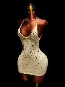 Amplova Sequin Detail Backless Halter Neck Bodycon Sweater Dress - Gold - View 4
