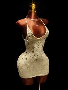 Amplova Sequin Detail Backless Halter Neck Bodycon Sweater Dress - Gold - View 8