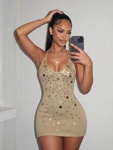 Amplova Sequin Detail Backless Halter Neck Bodycon Sweater Dress - Gold - View 1