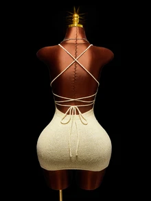 Amplova Sequin Detail Backless Halter Neck Bodycon Sweater Dress - Gold - View 3