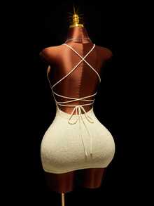 Amplova Sequin Detail Backless Halter Neck Bodycon Sweater Dress - Gold - View 2