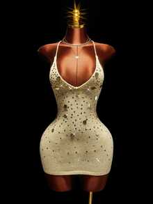 Amplova Sequin Detail Backless Halter Neck Bodycon Sweater Dress - Gold - View 9