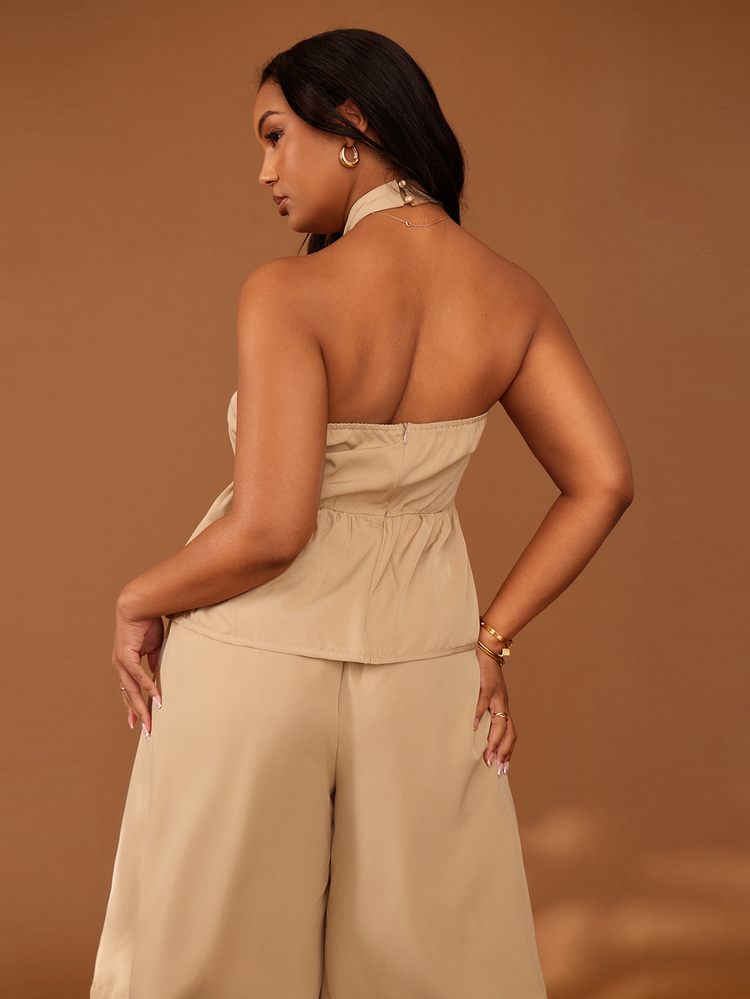 Zivah Plus Size Women's Khaki Summer Elegant Vacation Holiday 2-Piece Set,V-Neck Sleeveless Cropped Top & Knee-Length Shorts,Boho Daily Casual Beach Outfit - Khaki - View 4