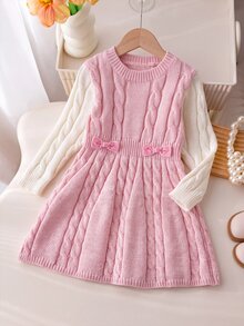 SHEIN 1pc Young Girl Sweater Dress, Simple Versatile Round Neck Vintage Twisted Rope Texture Pink & White Color Block 2 In 1 Cinched Waist A-Line Knit Dress, Waist Decorated With 3D Bow, Korean Sweet Princess Style, Regular Thickness, Neat Hem, Snug Cuffs, Fashionable And Durable, Suitable For Daily Wear, School, Outdoor Activities, Etc., Autumn/Winter Outfit - Baby Pink - View 2