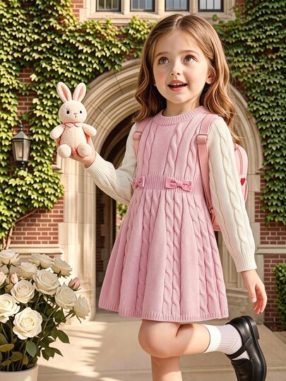 SHEIN 1pc Young Girl Sweater Dress, Simple Versatile Round Neck Vintage Twisted Rope Texture Pink & White Color Block 2 In 1 Cinched Waist A-Line Knit Dress, Waist Decorated With 3D Bow, Korean Sweet Princess Style, Regular Thickness, Neat Hem, Snug Cuffs, Fashionable And Durable, Suitable For Daily Wear, School, Outdoor Activities, Etc., Autumn/Winter Outfit