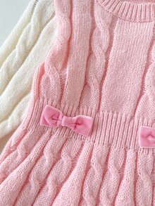 SHEIN 1pc Young Girl Sweater Dress, Simple Versatile Round Neck Vintage Twisted Rope Texture Pink & White Color Block 2 In 1 Cinched Waist A-Line Knit Dress, Waist Decorated With 3D Bow, Korean Sweet Princess Style, Regular Thickness, Neat Hem, Snug Cuffs, Fashionable And Durable, Suitable For Daily Wear, School, Outdoor Activities, Etc., Autumn/Winter Outfit - Baby Pink - View 6