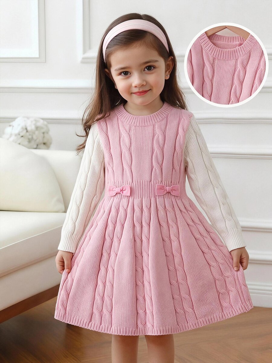 SHEIN 1pc Young Girl Sweater Dress, Simple Versatile Round Neck Vintage Twisted Rope Texture Pink & White Color Block 2 In 1 Cinched Waist A-Line Knit Dress, Waist Decorated With 3D Bow, Korean Sweet Princess Style, Regular Thickness, Neat Hem, Snug Cuffs, Fashionable And Durable, Suitable For Daily Wear, School, Outdoor Activities, Etc., Autumn/Winter Outfit - Baby Pink - View 1