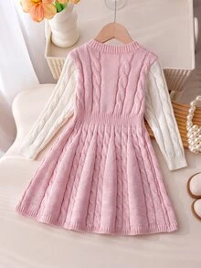 SHEIN 1pc Young Girl Sweater Dress, Simple Versatile Round Neck Vintage Twisted Rope Texture Pink & White Color Block 2 In 1 Cinched Waist A-Line Knit Dress, Waist Decorated With 3D Bow, Korean Sweet Princess Style, Regular Thickness, Neat Hem, Snug Cuffs, Fashionable And Durable, Suitable For Daily Wear, School, Outdoor Activities, Etc., Autumn/Winter Outfit - Baby Pink - View 3