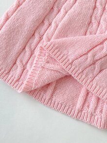 SHEIN 1pc Young Girl Sweater Dress, Simple Versatile Round Neck Vintage Twisted Rope Texture Pink & White Color Block 2 In 1 Cinched Waist A-Line Knit Dress, Waist Decorated With 3D Bow, Korean Sweet Princess Style, Regular Thickness, Neat Hem, Snug Cuffs, Fashionable And Durable, Suitable For Daily Wear, School, Outdoor Activities, Etc., Autumn/Winter Outfit - Baby Pink - View 4