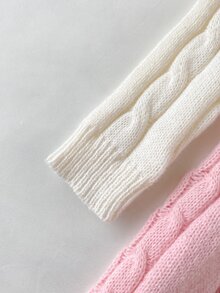 SHEIN 1pc Young Girl Sweater Dress, Simple Versatile Round Neck Vintage Twisted Rope Texture Pink & White Color Block 2 In 1 Cinched Waist A-Line Knit Dress, Waist Decorated With 3D Bow, Korean Sweet Princess Style, Regular Thickness, Neat Hem, Snug Cuffs, Fashionable And Durable, Suitable For Daily Wear, School, Outdoor Activities, Etc., Autumn/Winter Outfit - Baby Pink - View 5