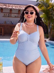 Swim Mod Plus Size Women Mature Minimalist Beach Holiday Blue & White Striped Random Print Adjustable Strap One-Piece Swimsuit - Blue - View 5
