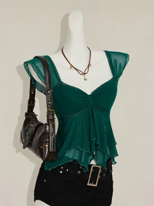 SHEIN ICON Women's Ruched Front Fitted Sexy Mesh Patchwork Cap Sleeve Backless Casual Vacation Cropped Tank Top - Dark Green - View 10
