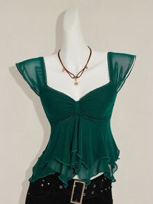 SHEIN ICON Women's Ruched Front Fitted Sexy Mesh Patchwork Cap Sleeve Backless Casual Vacation Cropped Tank Top - Dark Green - View 4