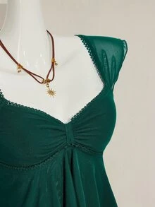 SHEIN ICON Women's Ruched Front Fitted Sexy Mesh Patchwork Cap Sleeve Backless Casual Vacation Cropped Tank Top - Dark Green - View 8