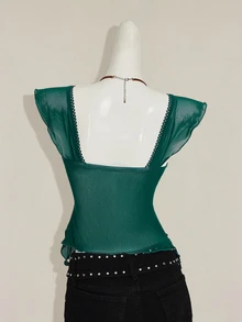 SHEIN ICON Women's Ruched Front Fitted Sexy Mesh Patchwork Cap Sleeve Backless Casual Vacation Cropped Tank Top - Dark Green - View 2