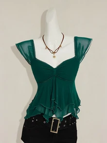 SHEIN ICON Women's Ruched Front Fitted Sexy Mesh Patchwork Cap Sleeve Backless Casual Vacation Cropped Tank Top - Dark Green - View 11