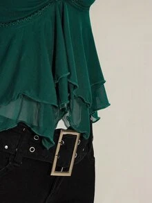 SHEIN ICON Women's Ruched Front Fitted Sexy Mesh Patchwork Cap Sleeve Backless Casual Vacation Cropped Tank Top - Dark Green - View 9