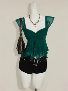 SHEIN ICON Women's Ruched Front Fitted Sexy Mesh Patchwork Cap Sleeve Backless Casual Vacation Cropped Tank Top - Dark Green - View 5