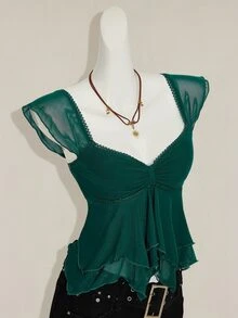 SHEIN ICON Women's Ruched Front Fitted Sexy Mesh Patchwork Cap Sleeve Backless Casual Vacation Cropped Tank Top - Dark Green - View 7