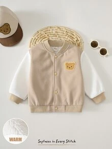 Cozy Pixies 男嬰卡通熊貼布對比色保暖內裡舒適百搭棒球風冬季夾克 - 彩色 - 查看 7