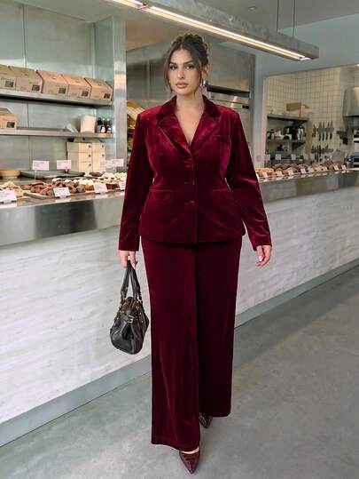SHEIN BAE CURVE Plus Size Women's Plus-Size Women's Burgundy Velvet Blazer And Trousers Casual Set; Solid Burgundy Autumn Suit Set; Elegantly Tailored Set; Halloween