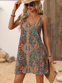 Sylviya 女款綠色夏季波西米亞熱帶海灘度假印花裹身洋裝 V領露背流蘇下擺 波西米亞風 音樂節 西部鄉村風 - 彩色 - 查看 2