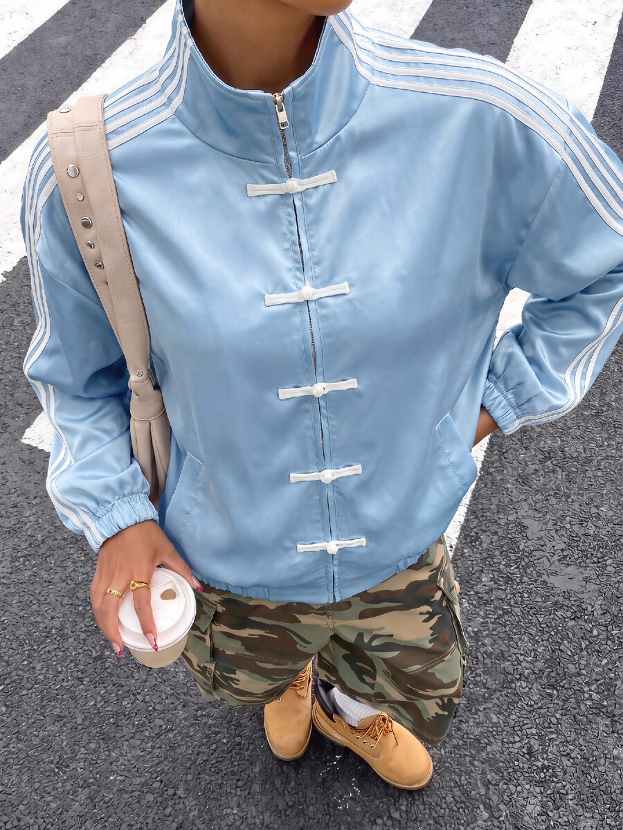 SWAVVY 男士休閒夾克,側邊條紋與盤扣設計 - 藍色 - 查看 1