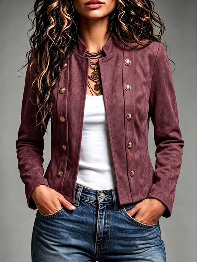 SHEIN Chaqueta de ante con doble botonadura de metal, corte slim, manga larga, estilo elegante de motociclista vintage para primavera/otoño y uso diario