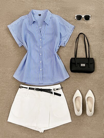 Grovea Plus Size Women's Summer Sailor Casual Vacation Formal Blue And White Print Shirt Collar V-Neck Dropped Shoulder Open Front Short Sleeve Blouse