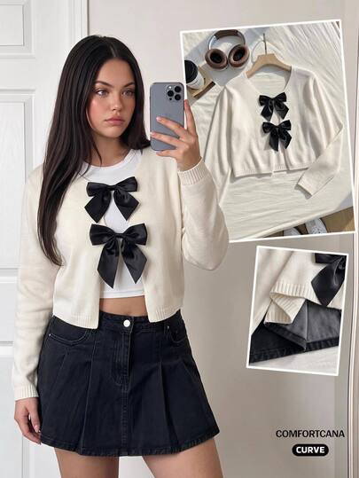 Comfortcana Plus Size Crew Neck Bow Contrast Color Casual Cardigan, Autumn/Winter