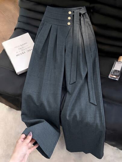 Franclia Plus Size Women's New Summer Autumn Gray Striped Ribbon Waist Trousers, Fashion Wide Leg Pants, Elegant Business Casual Commute Wear, High Waist Metal Buckle Long Pants, Casual, Old Money Style , Versatile Minimalist Design Waistband Casual Pants
