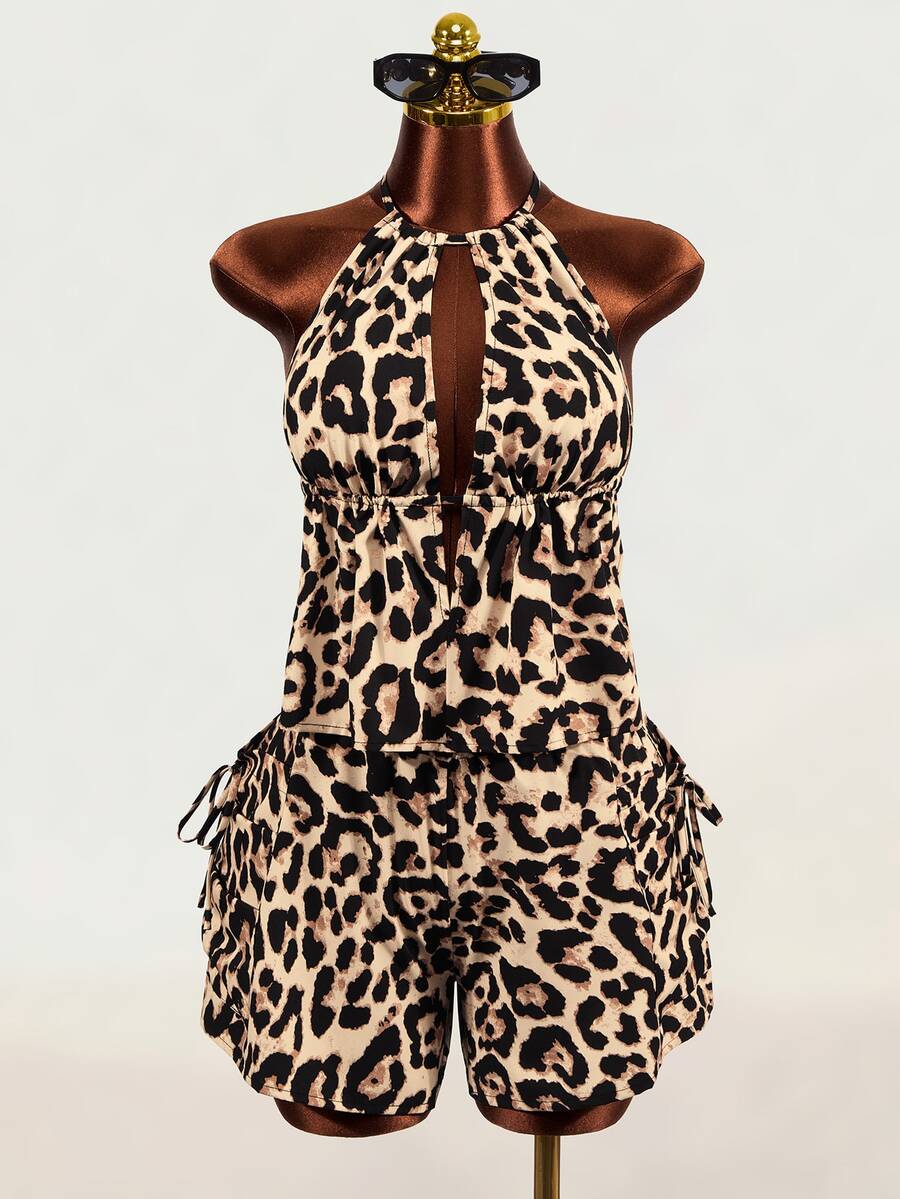 Mistrie Women's Beige Print Cutout Halter Tank Top And Shorts Set Beach Club Summer Sexy - Multicolor - View 1