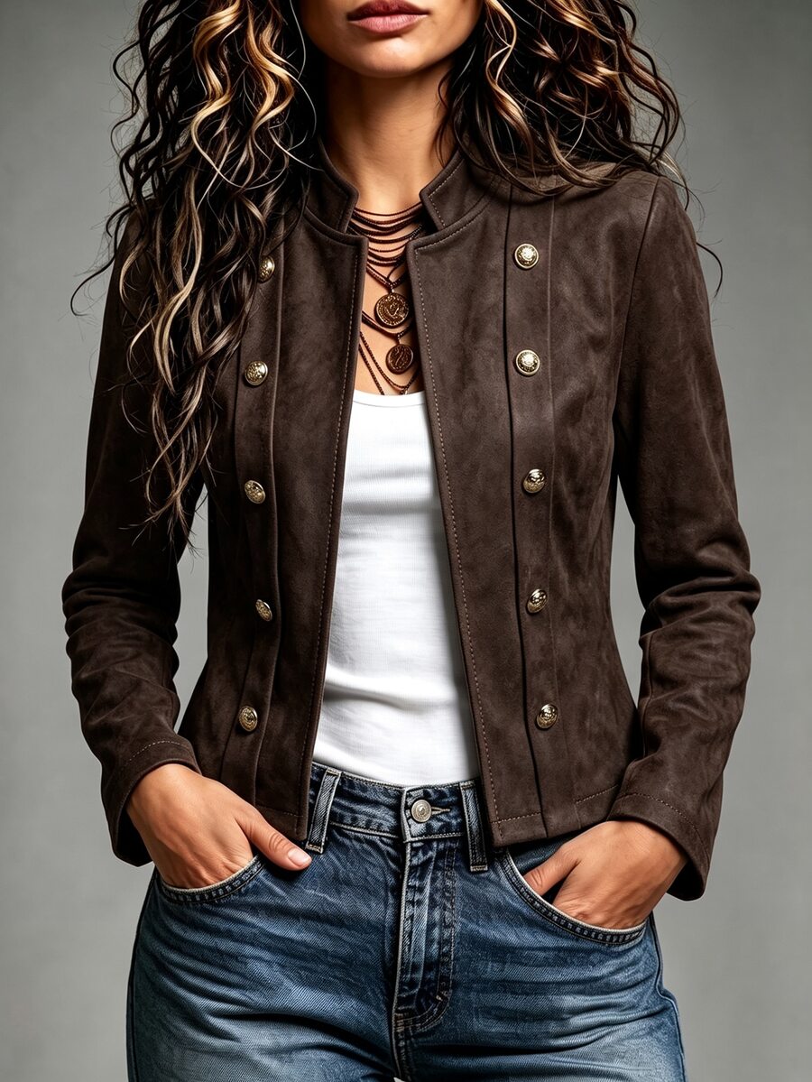 SHEIN 2026 New Light Brown Suede Collarless Double-Sided Double-Breasted Metal Button Slim Fit Short Jacket, Spring/Autumn Commute Luxury Elegant Slimming Versatile Motorcycle Style - Chocolate Brown - View 1