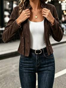 SHEIN 2026 New Light Brown Suede Collarless Double-Sided Double-Breasted Metal Button Slim Fit Short Jacket, Spring/Autumn Commute Luxury Elegant Slimming Versatile Motorcycle Style - Chocolate Brown - View 5