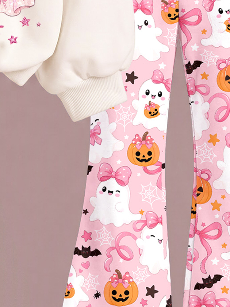 Cute Pink Halloween Atmosphere Girl Glitter Bow & Little Ghost Pattern, Trick Or Treat, So Cute Not Scary At All, Girls Casual Minimalist Crew Neck Pullover Sweatshirt & Flare Pants 2 Pieces Set, New Style Suitable For Daily Wear, Halloween, Pumpkin Season, Thanksgiving, Parent-Child Sister Halloween, Boo! - Multicolor - View 6