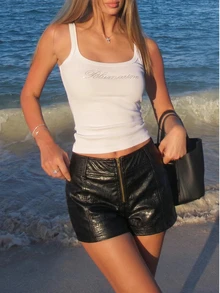 Anewsta Zip Fly PU Leather Seam Front Shorts - Black - View 1