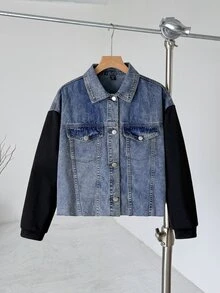 Teen Girl Blue Denim Patchwork With Black Knitted Long-Sleeved Loose Short Jacket - Multicolor - View 7