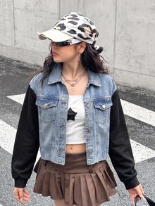 Teen Girl Blue Denim Patchwork With Black Knitted Long-Sleeved Loose Short Jacket - Multicolor - View 5