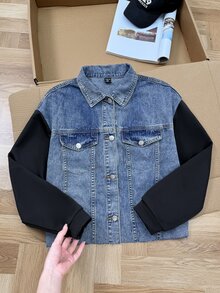 Teen Girl Blue Denim Patchwork With Black Knitted Long-Sleeved Loose Short Jacket - Multicolor - View 8