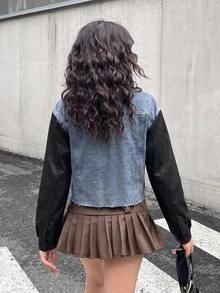 Teen Girl Blue Denim Patchwork With Black Knitted Long-Sleeved Loose Short Jacket - Multicolor - View 2