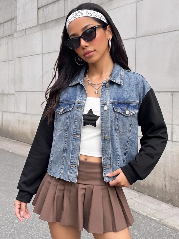 Teen Girl Blue Denim Patchwork With Black Knitted Long-Sleeved Loose Short Jacket
