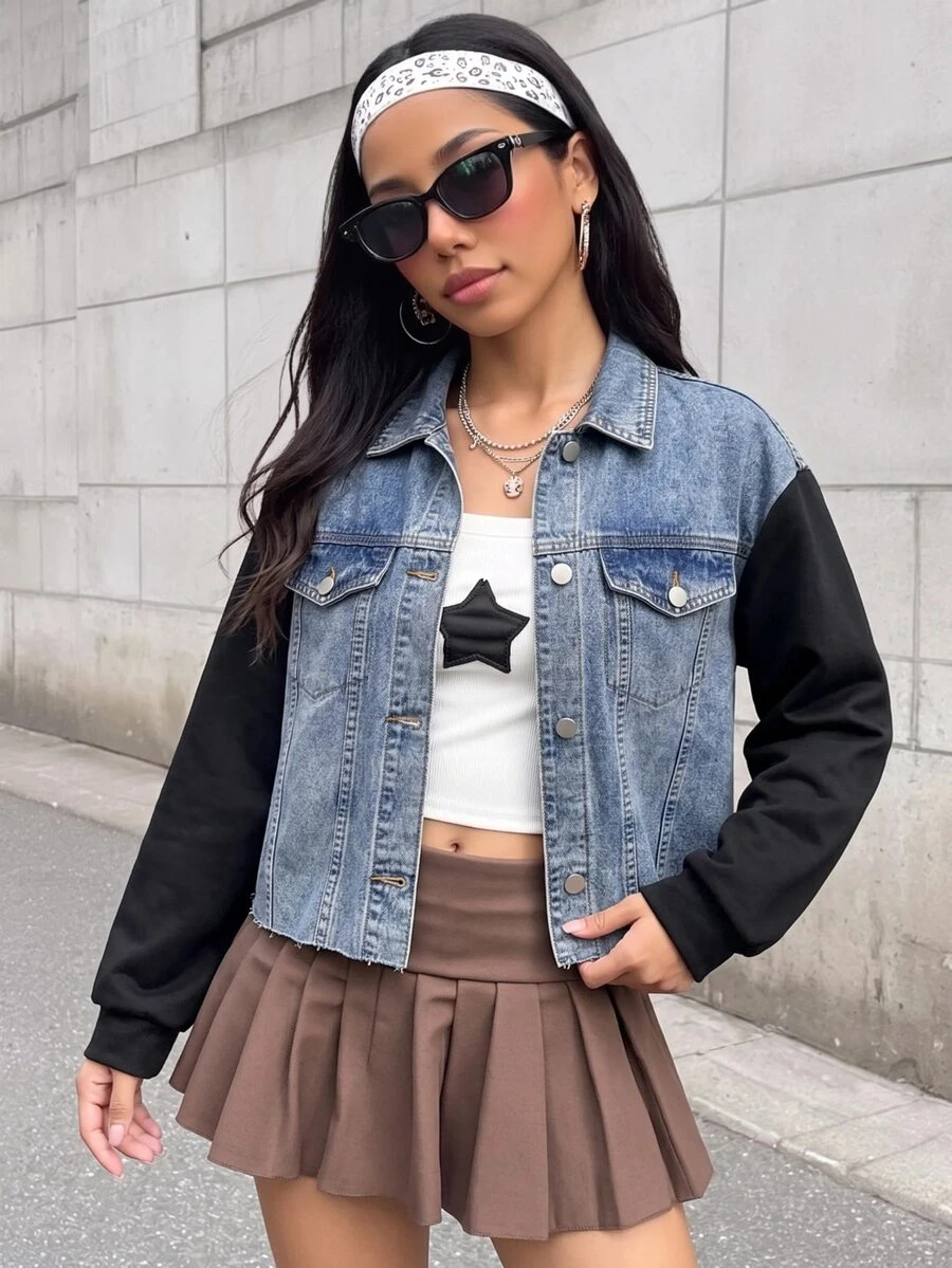 Teen Girl Blue Denim Patchwork With Black Knitted Long-Sleeved Loose Short Jacket - Multicolor - View 1