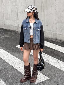 Teen Girl Blue Denim Patchwork With Black Knitted Long-Sleeved Loose Short Jacket - Multicolor - View 4