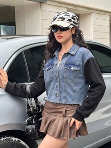 Teen Girl Blue Denim Patchwork With Black Knitted Long-Sleeved Loose Short Jacket - Multicolor - View 3