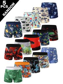 Random 5Pcs Young Boy Dinosaur Print Cartoon Boxer Briefs Kids Underwear Autumn Fall - Multicolor - View 3