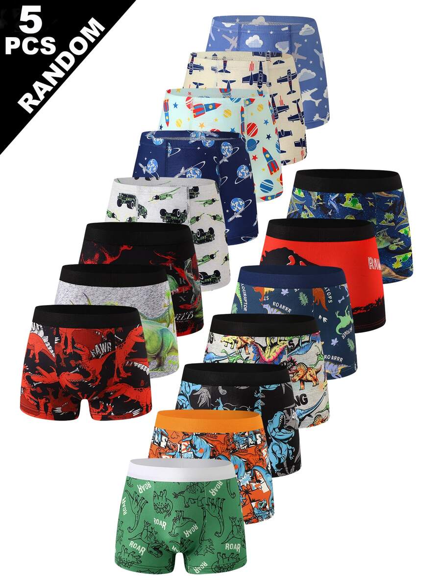 Random 5Pcs Young Boy Dinosaur Print Cartoon Boxer Briefs Kids Underwear Autumn Fall - Multicolor - View 1